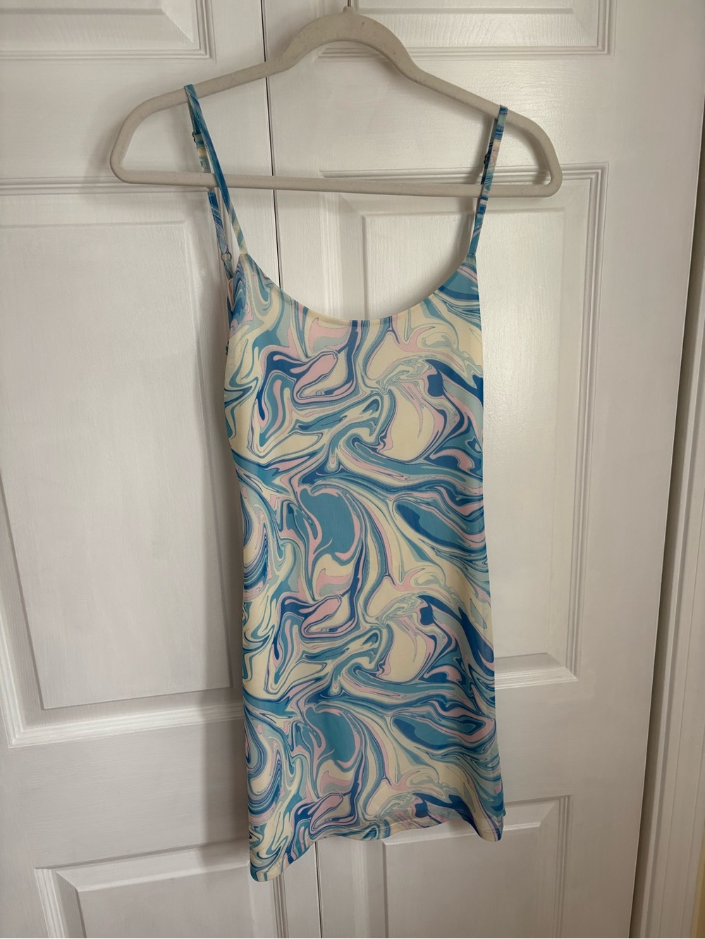 SO Mini Dress in Blue, Cream & Pink Marble Print